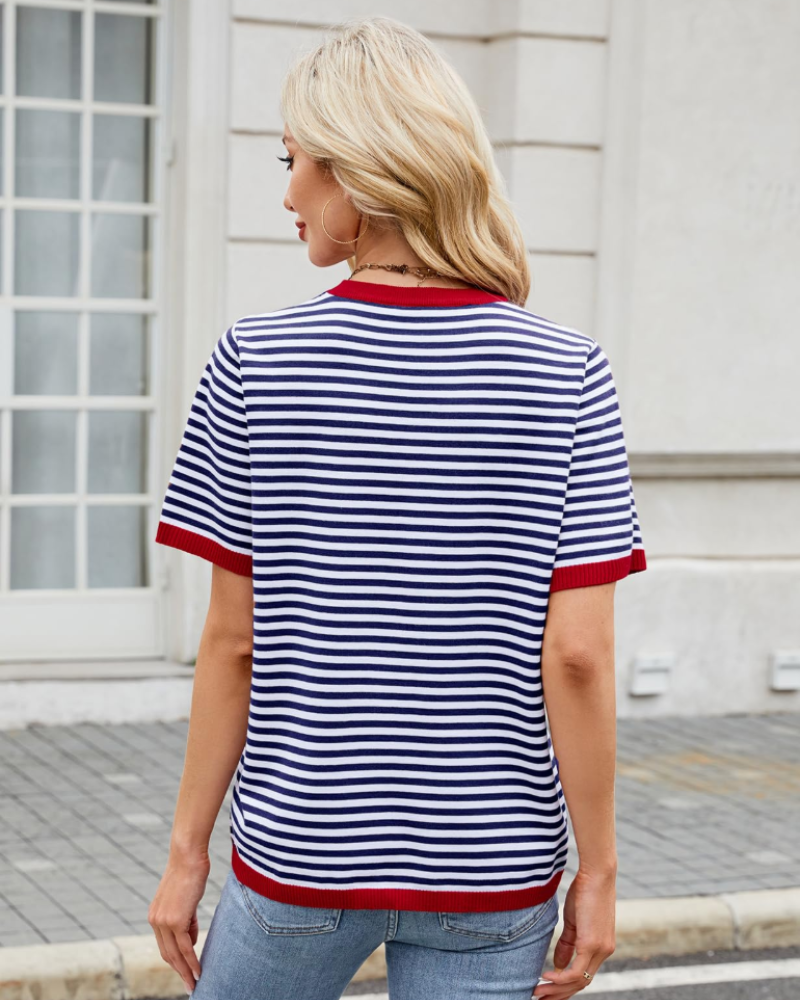 Ainsley Women's Striped Knit Top – Round Neck Short Sleeve Relaxed Fit Casual Shirt