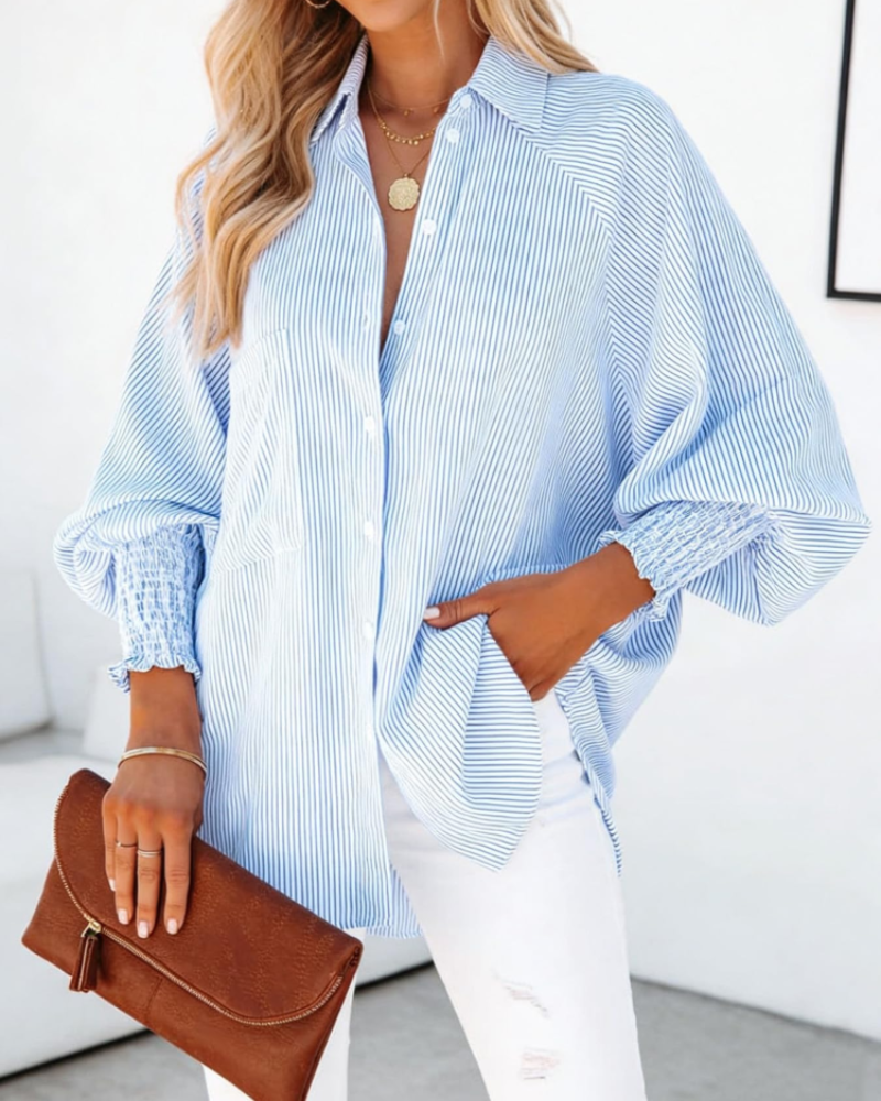 Megan Women’s Striped Button Shirt – Long Sleeve Collared Blouse with Chest Pocket