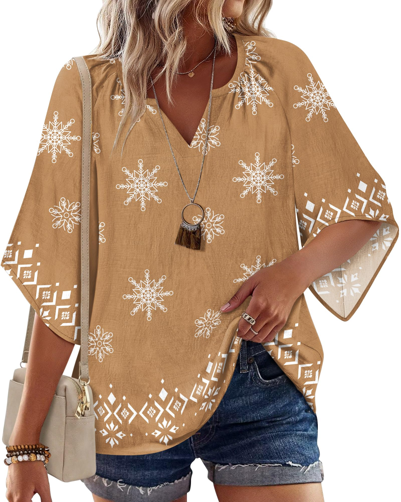 Carmen Boho Women’s Tunic Blouse – V-Neck Flowy Floral Top Summer Casual Fit