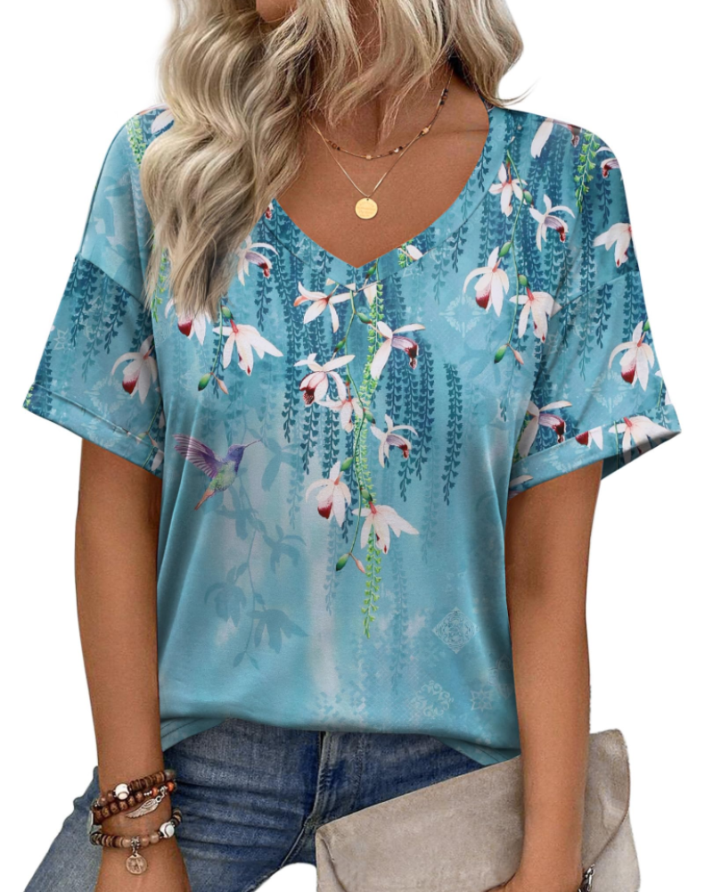 Mabel Women’s Tunic Top – V-Neck Printed Relaxed Fit Casual Summer Blouse Shirt