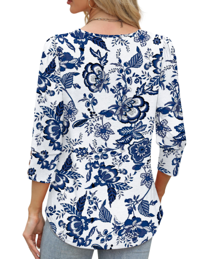 Claire Women's V-Neck Blouse – 3/4 Sleeve Button Cuff Top for Office and Casual Wear