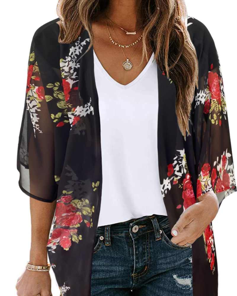 Lauren Women's Floral Kimono Cardigan – Lightweight Chiffon Open Front Beach Cover-Up