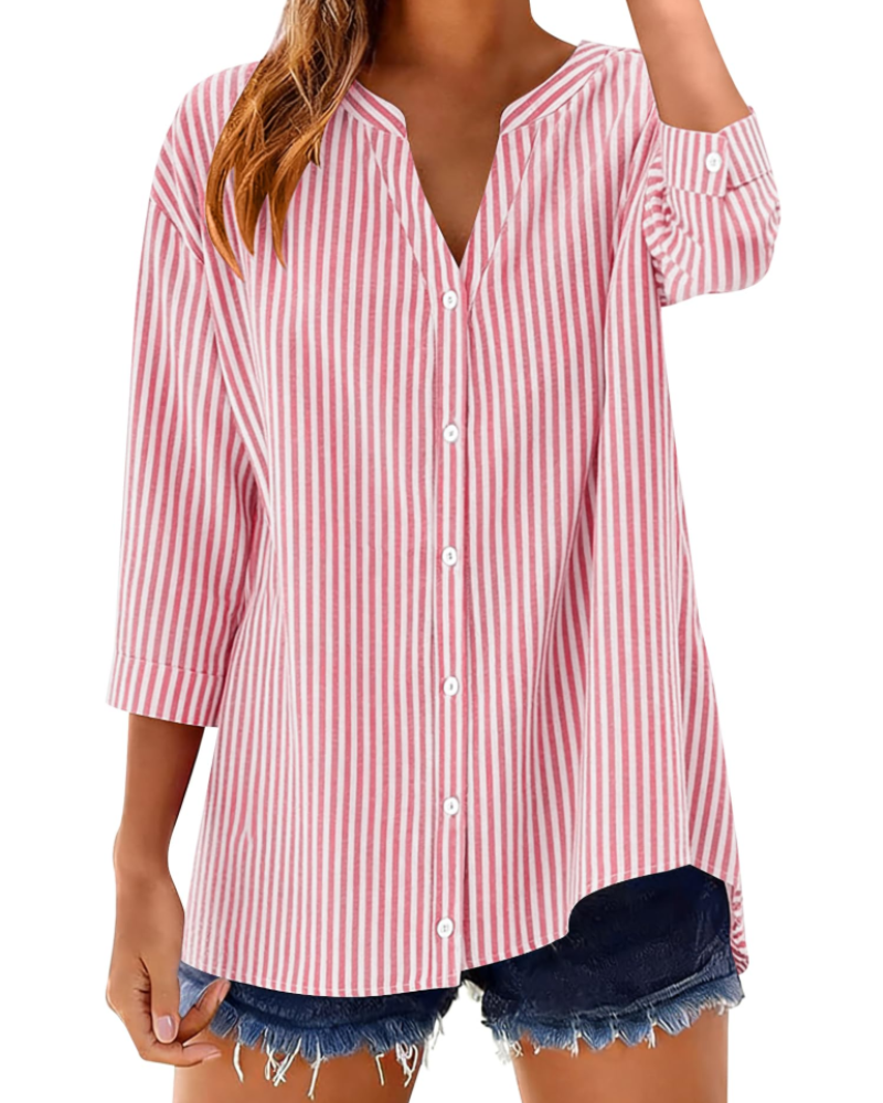 Sophie Women's Cotton Button Down Blouse – V-Neck 3/4 Sleeve Shirt for Work