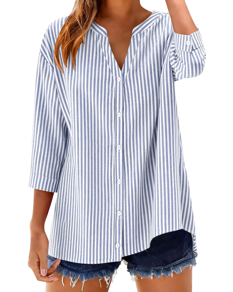 Sophie Women's Cotton Button Down Blouse – V-Neck 3/4 Sleeve Shirt for Work
