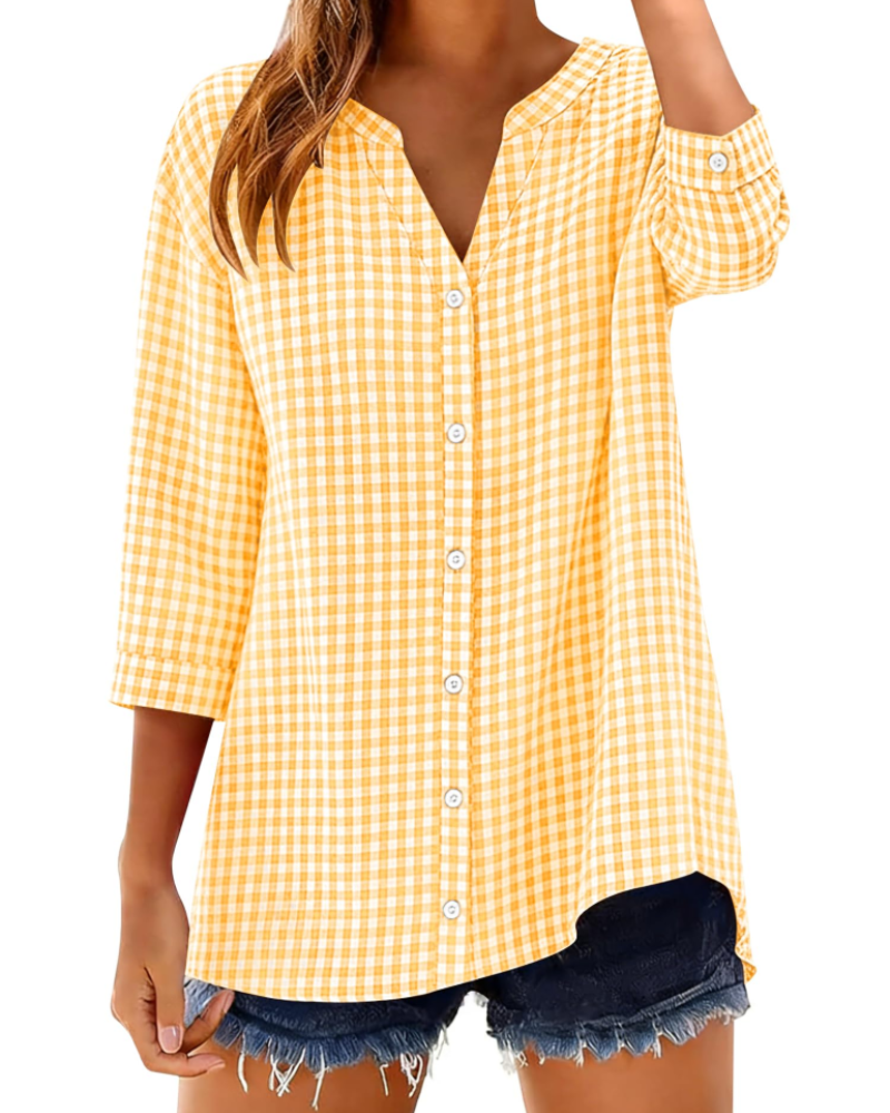Sophie Women's Cotton Button Down Blouse – V-Neck 3/4 Sleeve Shirt for Work