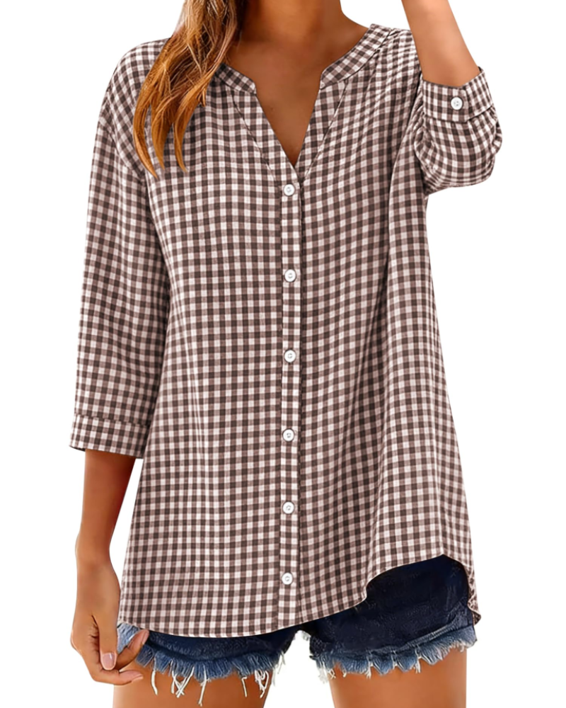 Sophie Women's Cotton Button Down Blouse – V-Neck 3/4 Sleeve Shirt for Work