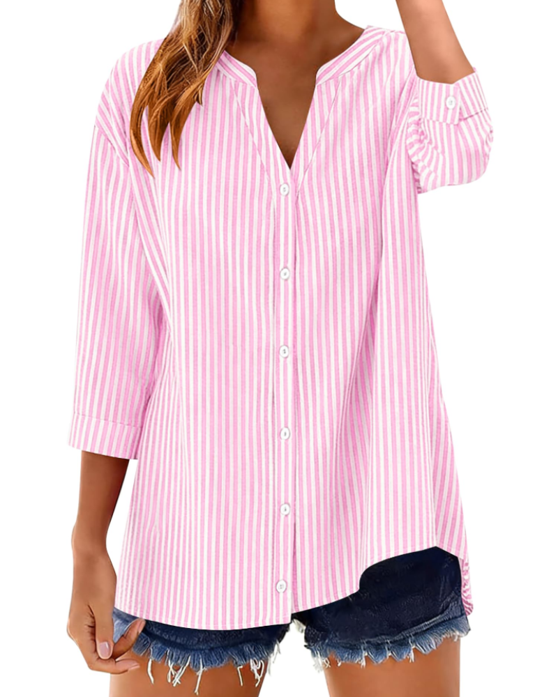 Sophie Women's Cotton Button Down Blouse – V-Neck 3/4 Sleeve Shirt for Work