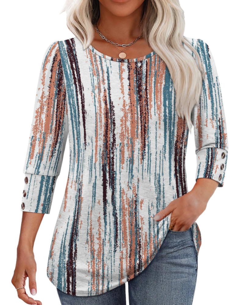Bella Women’s Button Blouse – 3/4 Sleeve Crew Neck Relaxed Fit Casual Top