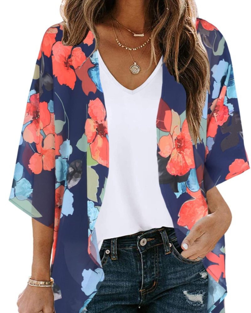 Lauren Women's Floral Kimono Cardigan – Lightweight Chiffon Open Front Beach Cover-Up