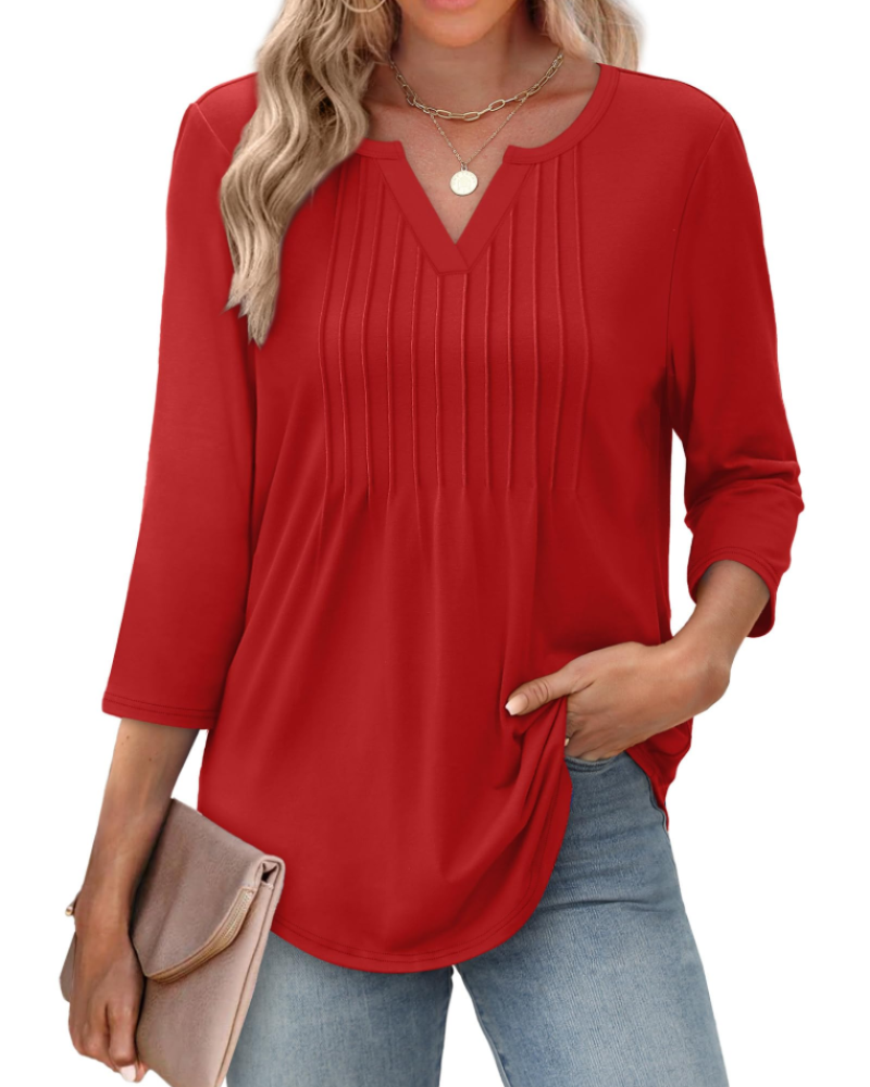 Aubrey Women’s V-Neck Blouse – 3/4 Sleeve Pleated Front Casual Summer Top
