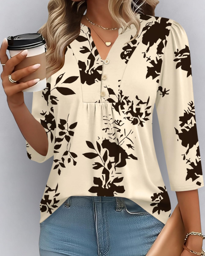 Isla Women’s Boho Blouse – V-Neck 3/4 Sleeve Pleated Casual Summer Top