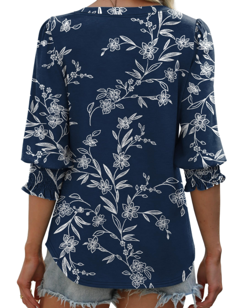 Audrey Women’s V-Neck Blouse – 3/4 Sleeve Ruched Cuff Smart Casual Top