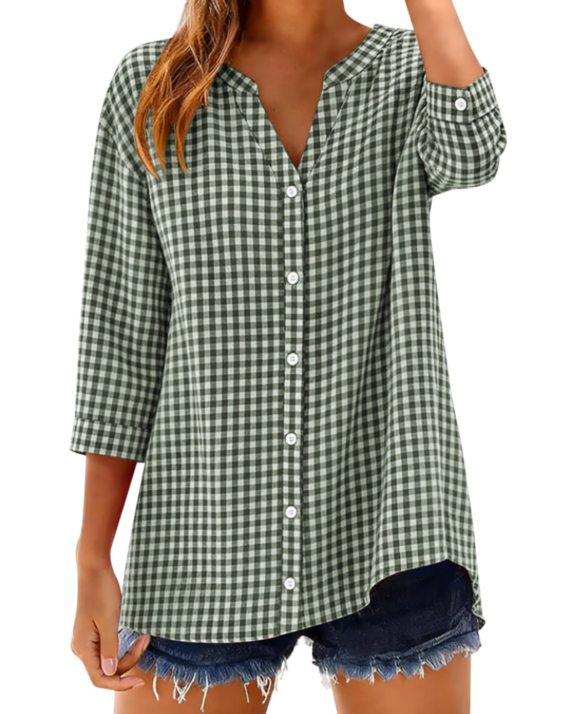 Sophie Women's Cotton Button Down Blouse – V-Neck 3/4 Sleeve Shirt for Work