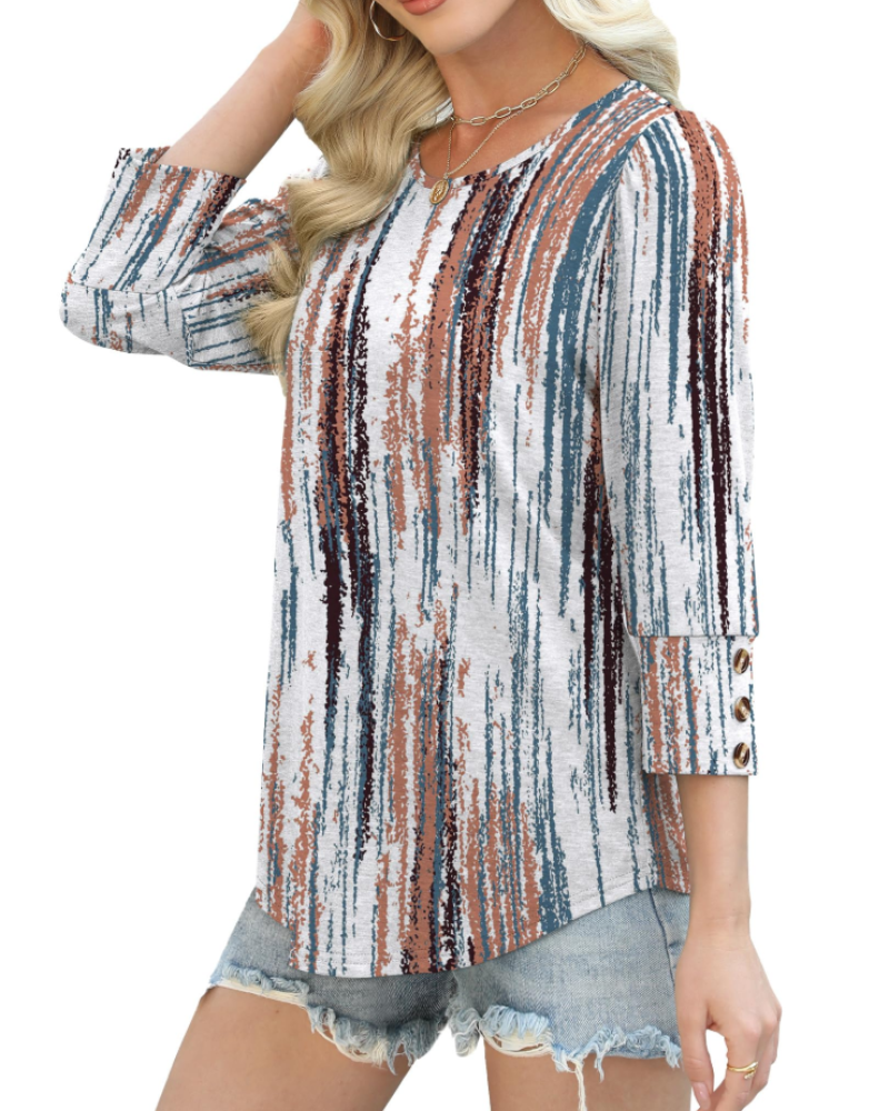 Bella Women’s Button Blouse – 3/4 Sleeve Crew Neck Relaxed Fit Casual Top