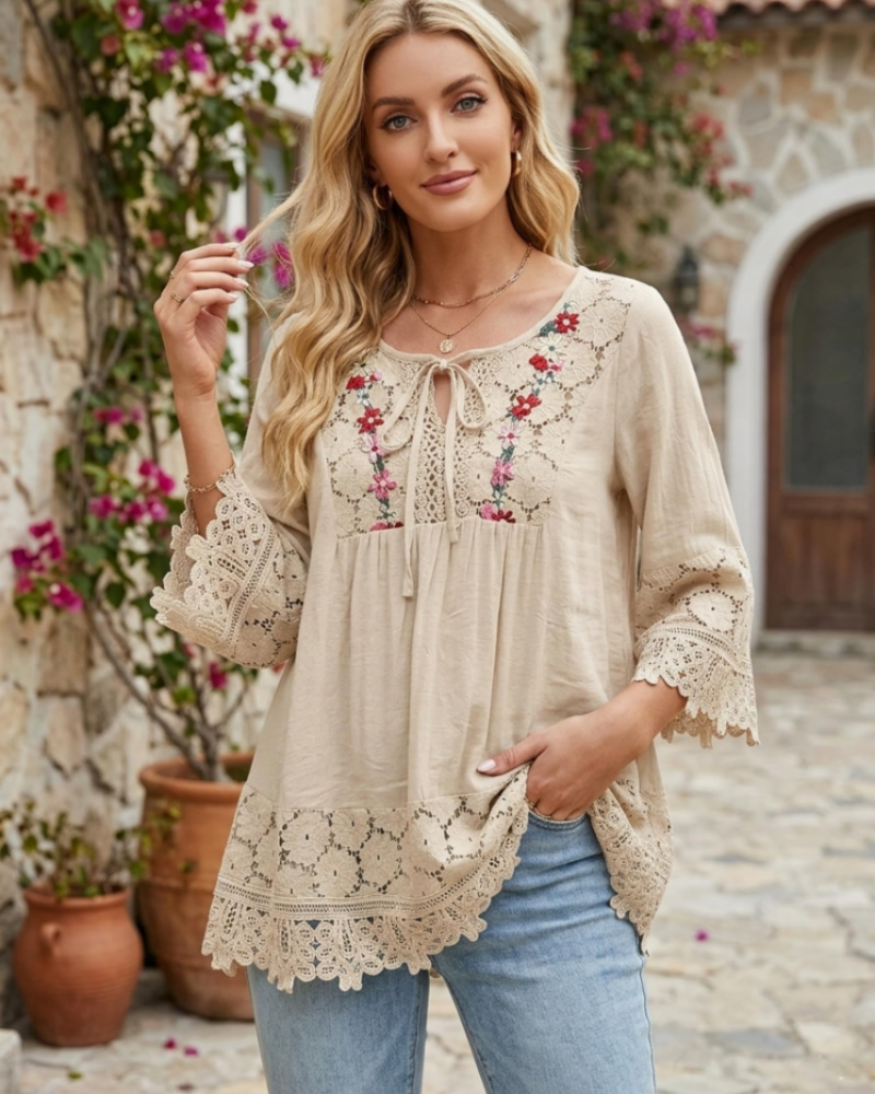 Savannah Women’s Boho Blouse – Embroidered V-Neck Lace Trim Bell Sleeve Top