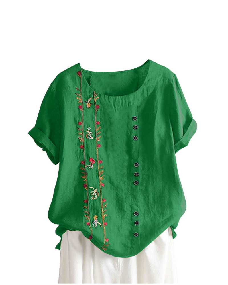 Brooke Women's Floral Blouse – Cotton Linen Relaxed Fit Short Sleeve Summer Top