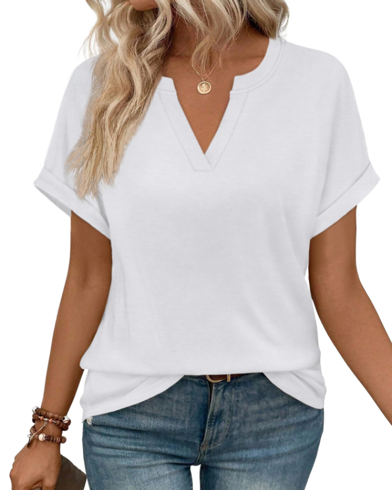 Emily Women's V-Neck Blouse – Rolled Sleeve Tunic Top for Work and Summer Outfits