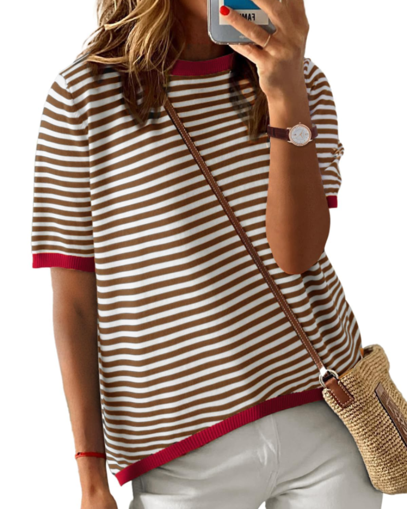 Ainsley Women's Striped Knit Top – Round Neck Short Sleeve Relaxed Fit Casual Shirt
