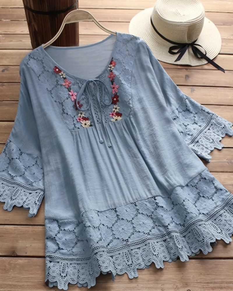 Savannah Women’s Boho Blouse – Embroidered V-Neck Lace Trim Bell Sleeve Top