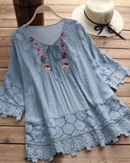 Savannah Women’s Boho Blouse – Embroidered V-Neck Lace Trim Bell Sleeve Top