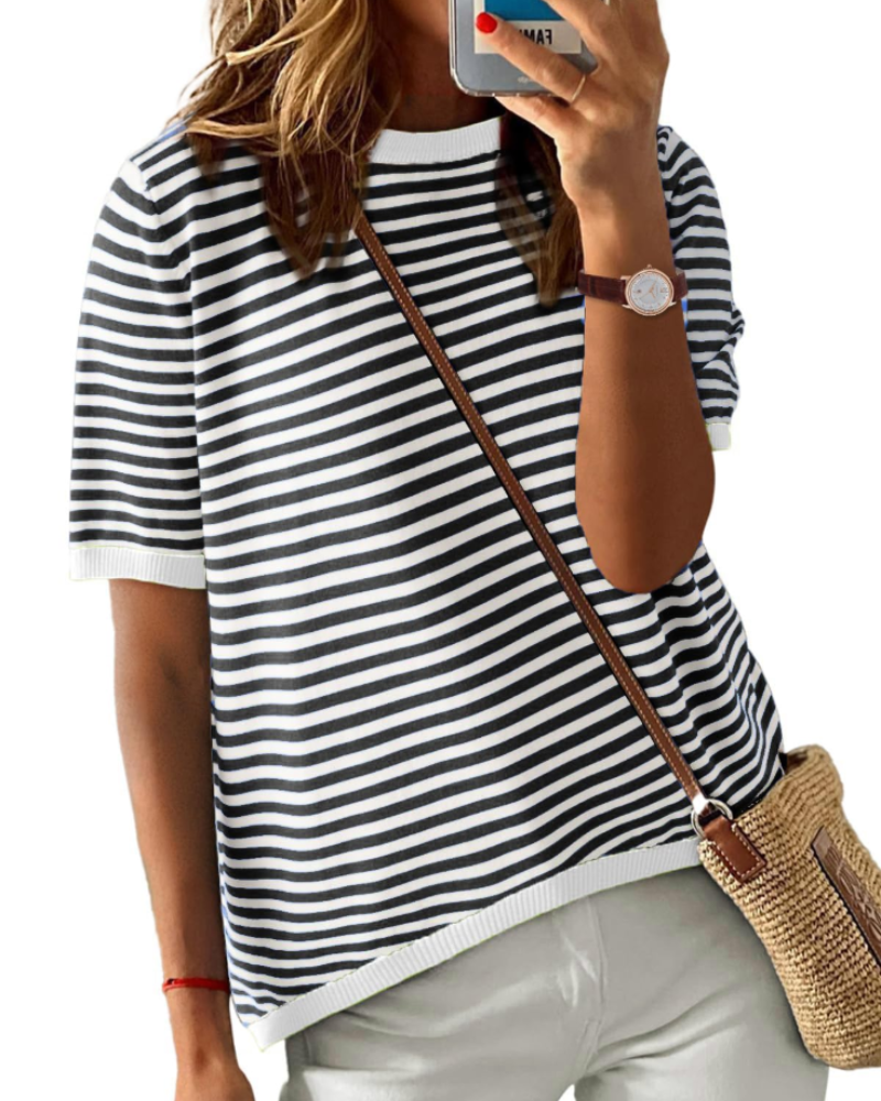 Ainsley Women's Striped Knit Top – Round Neck Short Sleeve Relaxed Fit Casual Shirt