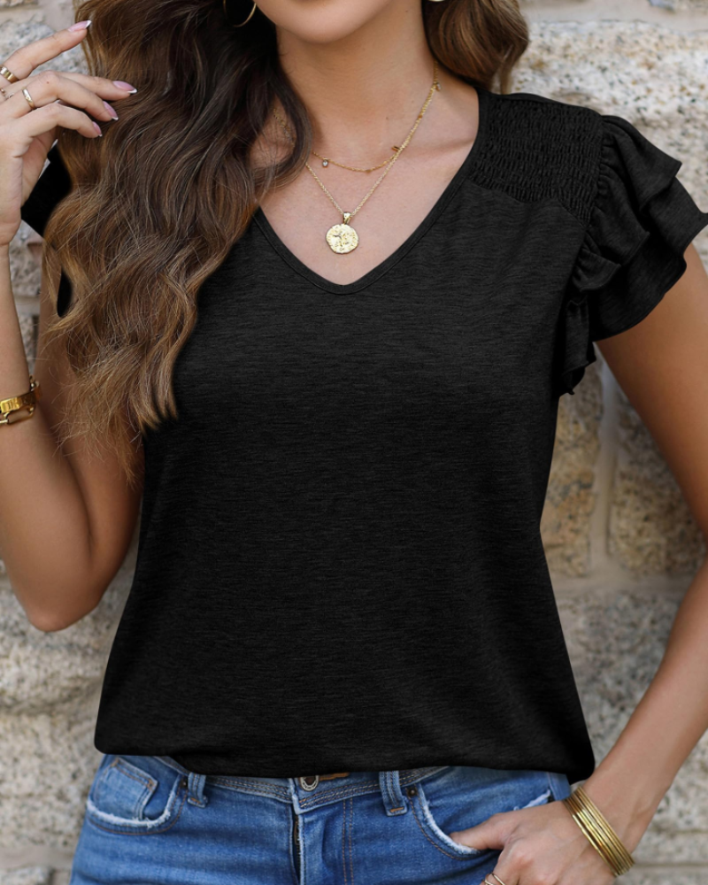 Hailey Women’s Ruffle Blouse – Short Sleeve Crew Neck Casual Elegant Summer Top