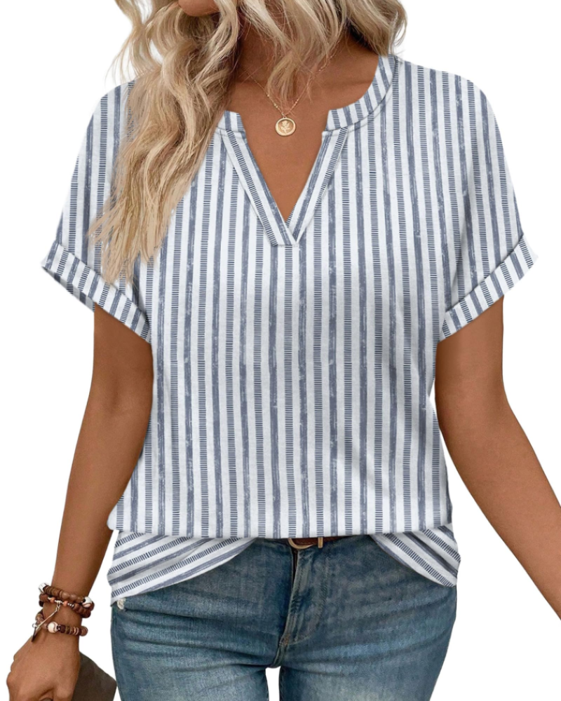 Emily Women's V-Neck Blouse – Rolled Sleeve Tunic Top for Work and Summer Outfits
