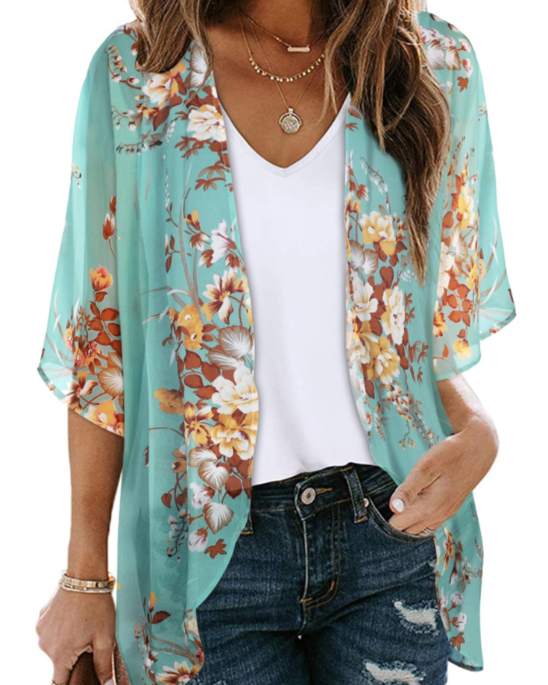 Lauren Women's Floral Kimono Cardigan – Lightweight Chiffon Open Front Beach Cover-Up