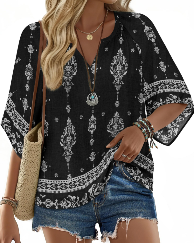Carmen Boho Women’s Tunic Blouse – V-Neck Flowy Floral Top Summer Casual Fit