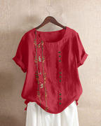 Brooke Women's Floral Blouse – Cotton Linen Relaxed Fit Short Sleeve Summer Top