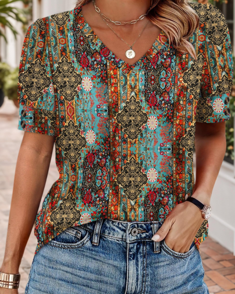 Ariana Women’s V-Neck Blouse – Short Sleeve Relaxed Fit Casual Elegant Top