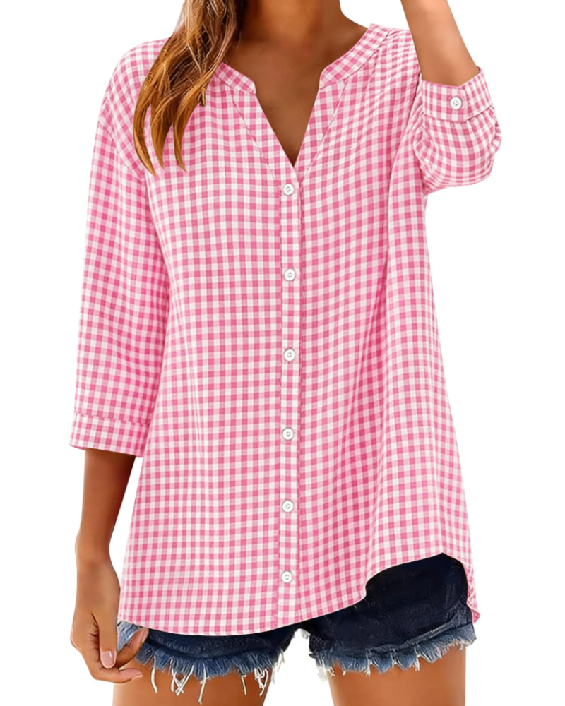 Sophie Women's Cotton Button Down Blouse – V-Neck 3/4 Sleeve Shirt for Work