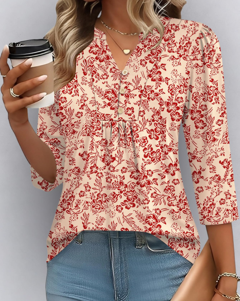 Isla Women’s Boho Blouse – V-Neck 3/4 Sleeve Pleated Casual Summer Top