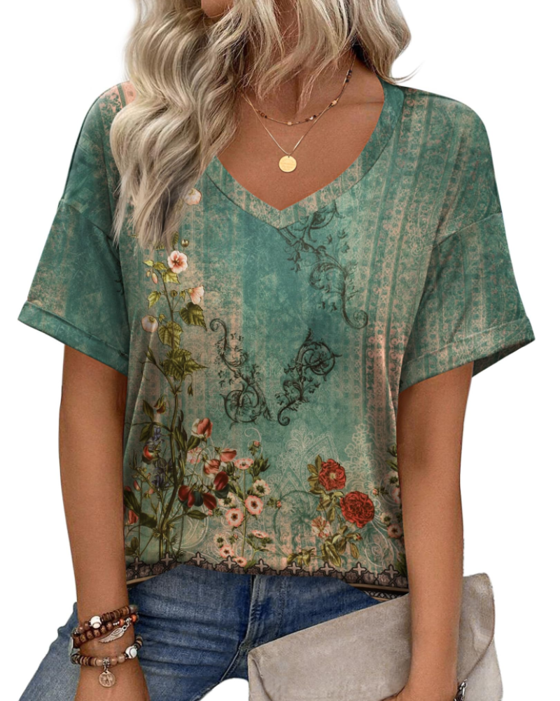 Mabel Women’s Tunic Top – V-Neck Printed Relaxed Fit Casual Summer Blouse Shirt