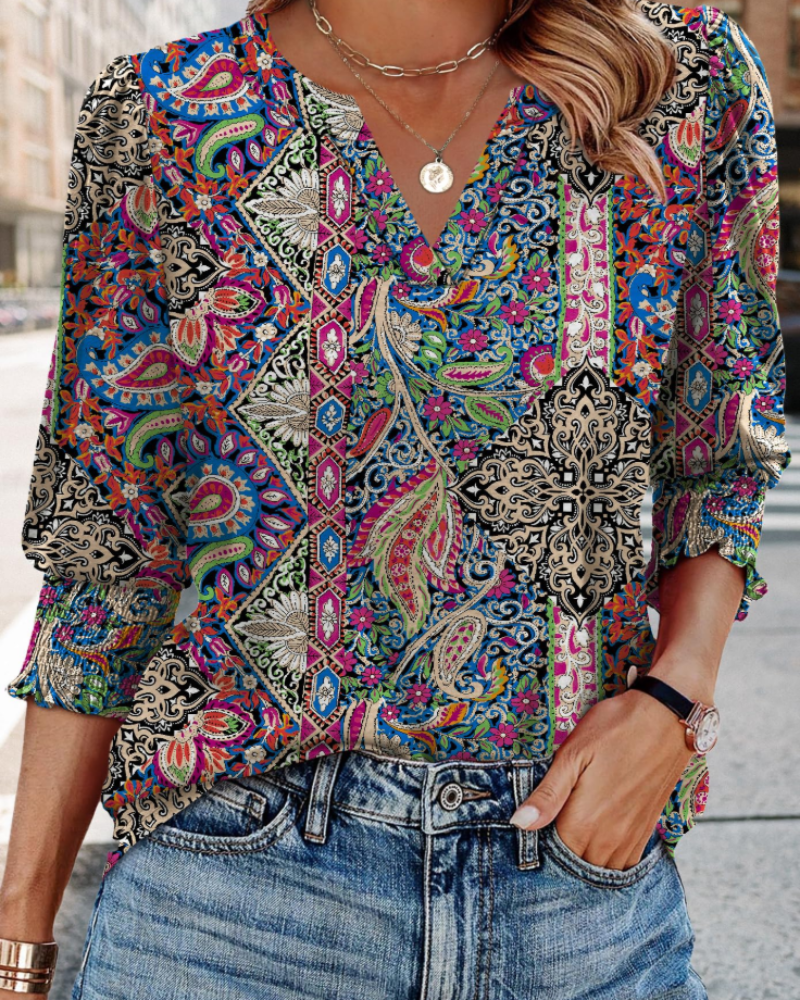 Audrey Women’s V-Neck Blouse – 3/4 Sleeve Ruched Cuff Smart Casual Top