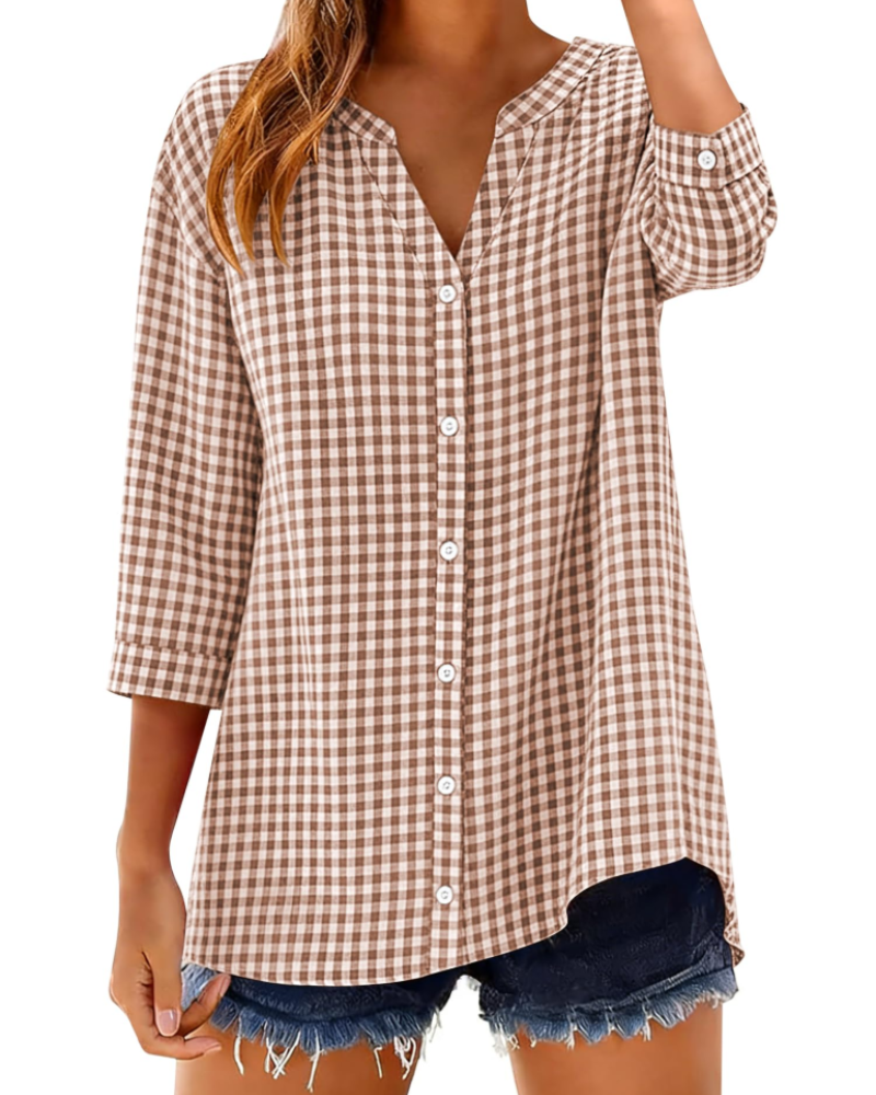 Sophie Women's Cotton Button Down Blouse – V-Neck 3/4 Sleeve Shirt for Work