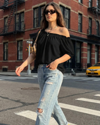 Sophia Women's Off-Shoulder Blouse – Puff Sleeve Boat Neck Top for Work and Casual Wear