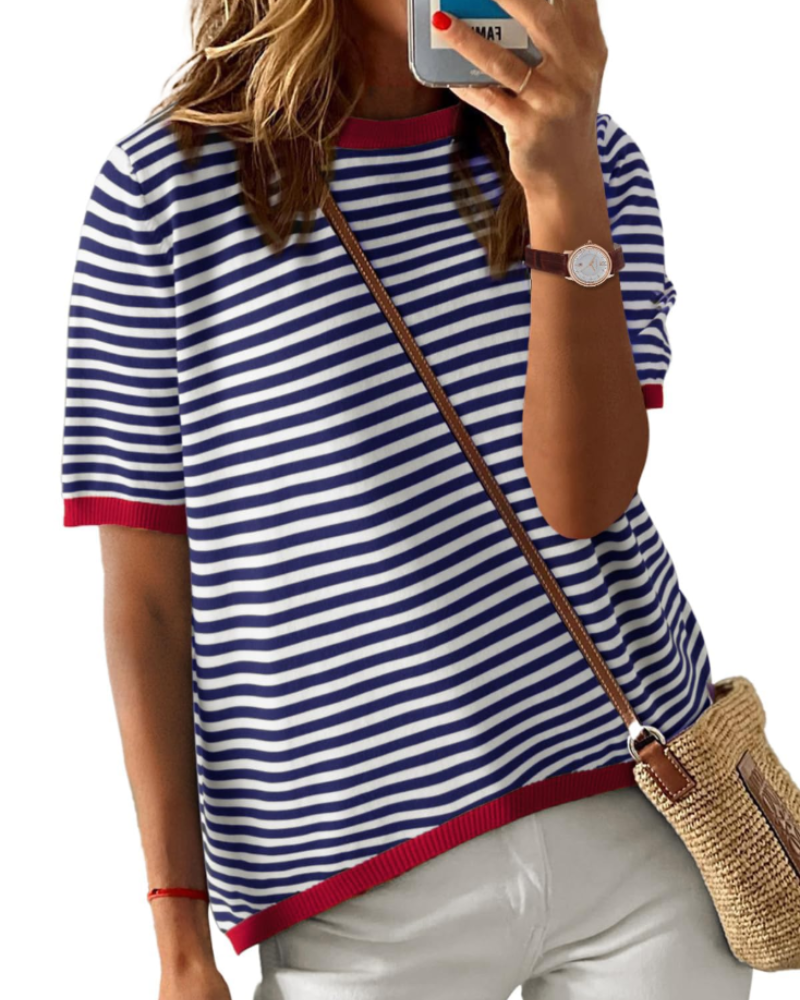 Ainsley Women's Striped Knit Top – Round Neck Short Sleeve Relaxed Fit Casual Shirt