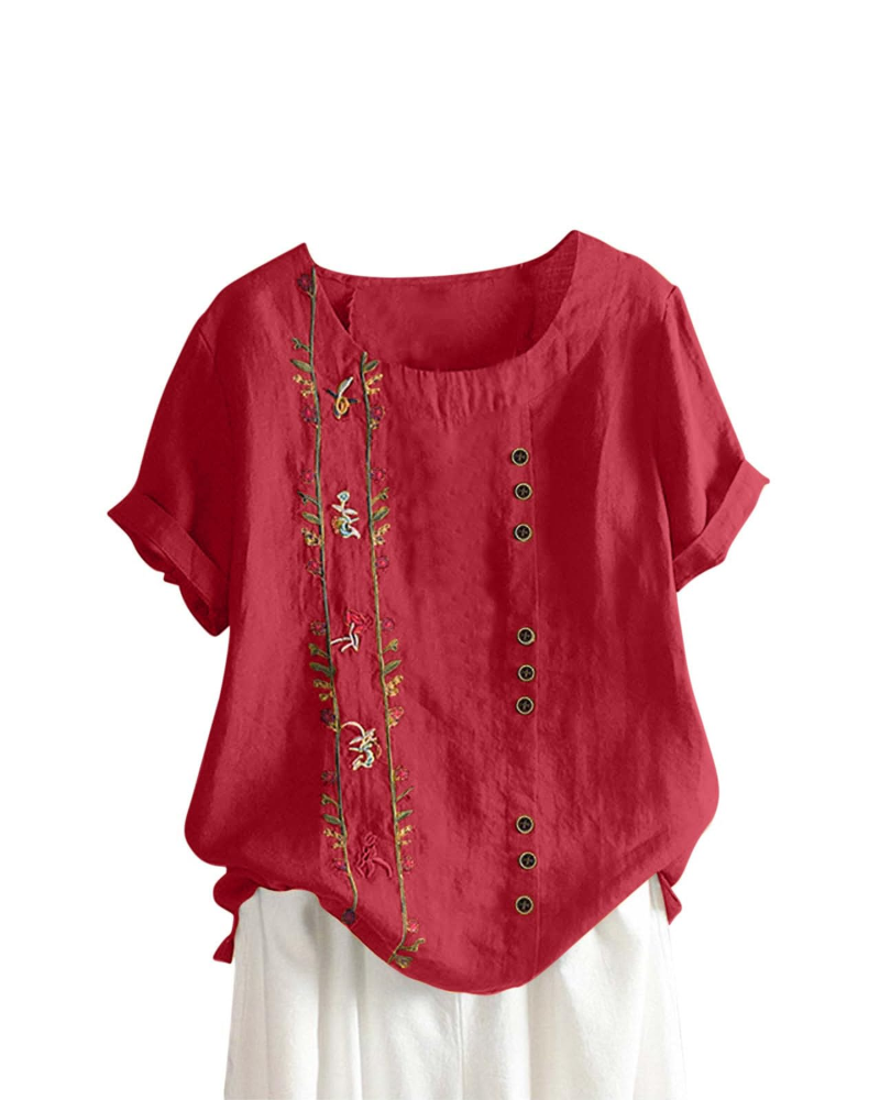 Brooke Women's Floral Blouse – Cotton Linen Relaxed Fit Short Sleeve Summer Top