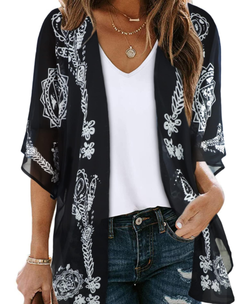 Lauren Women's Floral Kimono Cardigan – Lightweight Chiffon Open Front Beach Cover-Up