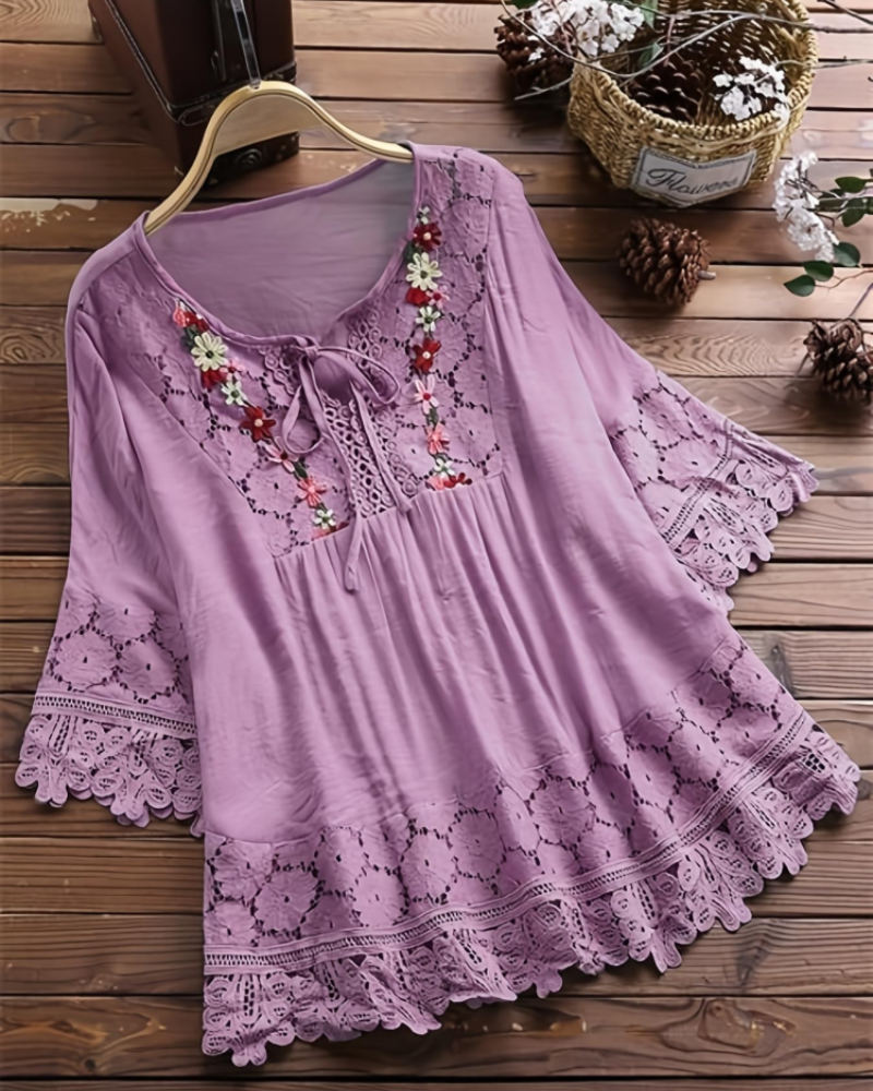 Savannah Women’s Boho Blouse – Embroidered V-Neck Lace Trim Bell Sleeve Top