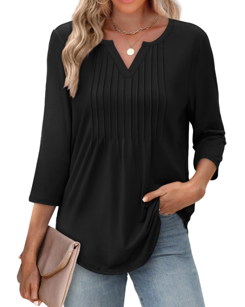 Aubrey Women’s V-Neck Blouse – 3/4 Sleeve Pleated Front Casual Summer Top