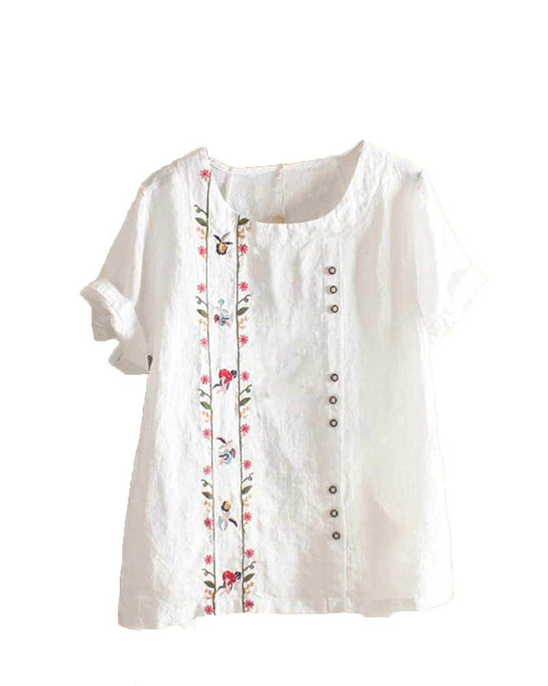 Brooke Women's Floral Blouse – Cotton Linen Relaxed Fit Short Sleeve Summer Top