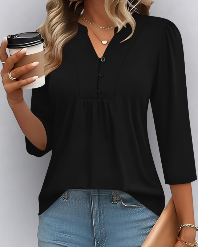 Isla Women’s Boho Blouse – V-Neck 3/4 Sleeve Pleated Casual Summer Top