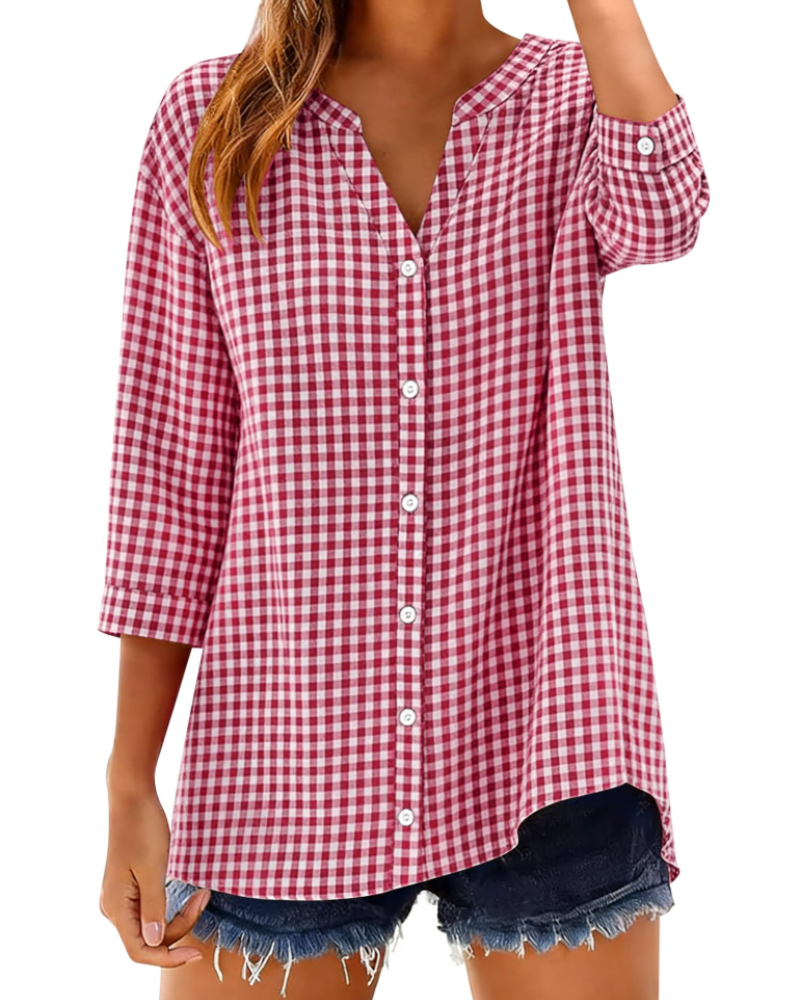 Sophie Women's Cotton Button Down Blouse – V-Neck 3/4 Sleeve Shirt for Work