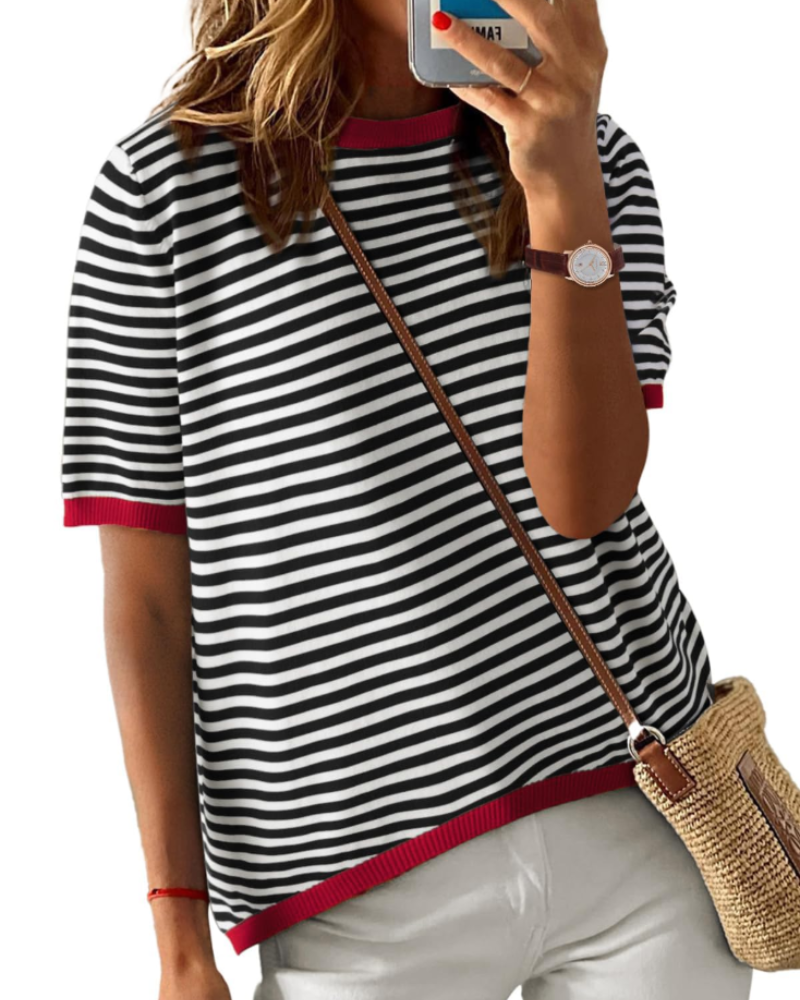 Ainsley Women's Striped Knit Top – Round Neck Short Sleeve Relaxed Fit Casual Shirt