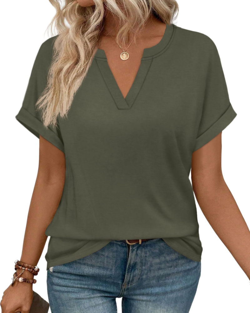 Emily Women's V-Neck Blouse – Rolled Sleeve Tunic Top for Work and Summer Outfits