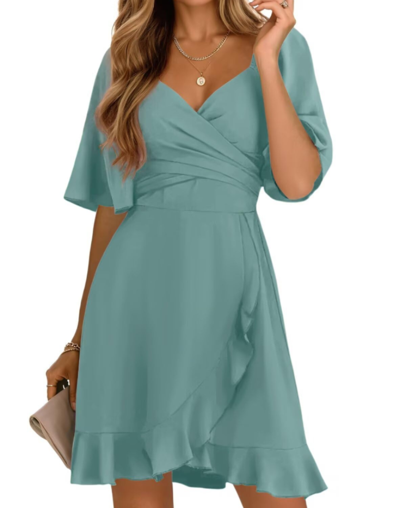 Ava Women's Wrap Mini Dress – V-Neck Ruffle Hem Dress for Weddings and Summer