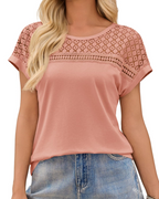 Elena Women’s Lace Blouse – Short Sleeve Crew Neck Stretch Casual Elegant Top