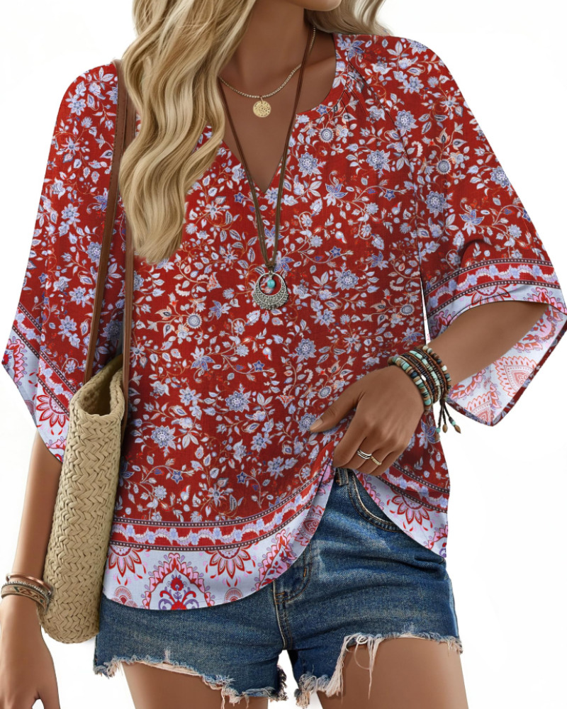 Carmen Boho Women’s Tunic Blouse – V-Neck Flowy Floral Top Summer Casual Fit